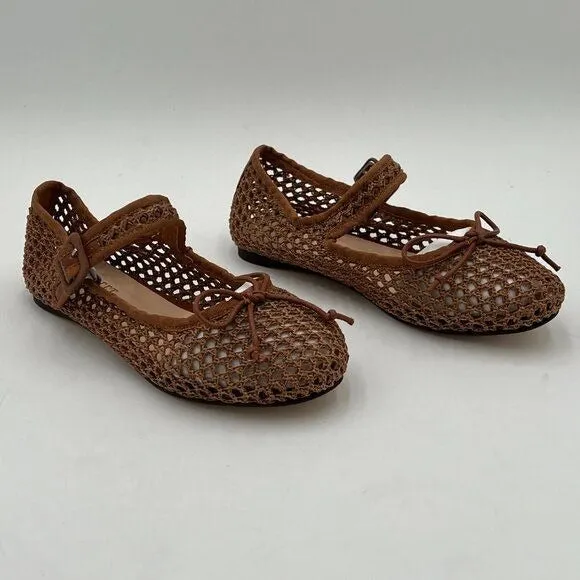 miss left Brown Cutout Bowknots Ankle Strap Mary Janes Ballet Flats