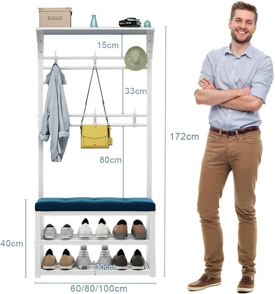 Modern Industrial Entryway Coat Rack with Shoe Bench: 11 Hooks 2 Tier Shoe Rack 4 in 1 Hall Tree for Hallway and Living Rooms Easy to Assemble 100x30x172cm