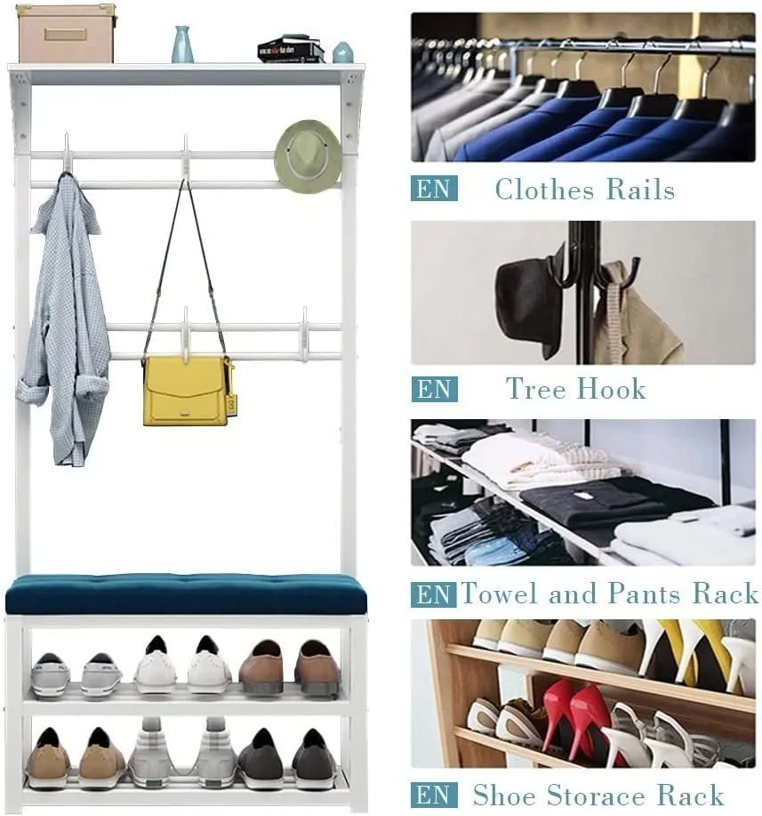 Modern Industrial Entryway Coat Rack with Shoe Bench: 11 Hooks 2 Tier Shoe Rack 4 in 1 Hall Tree for Hallway and Living Rooms Easy to Assemble 100x30x172cm