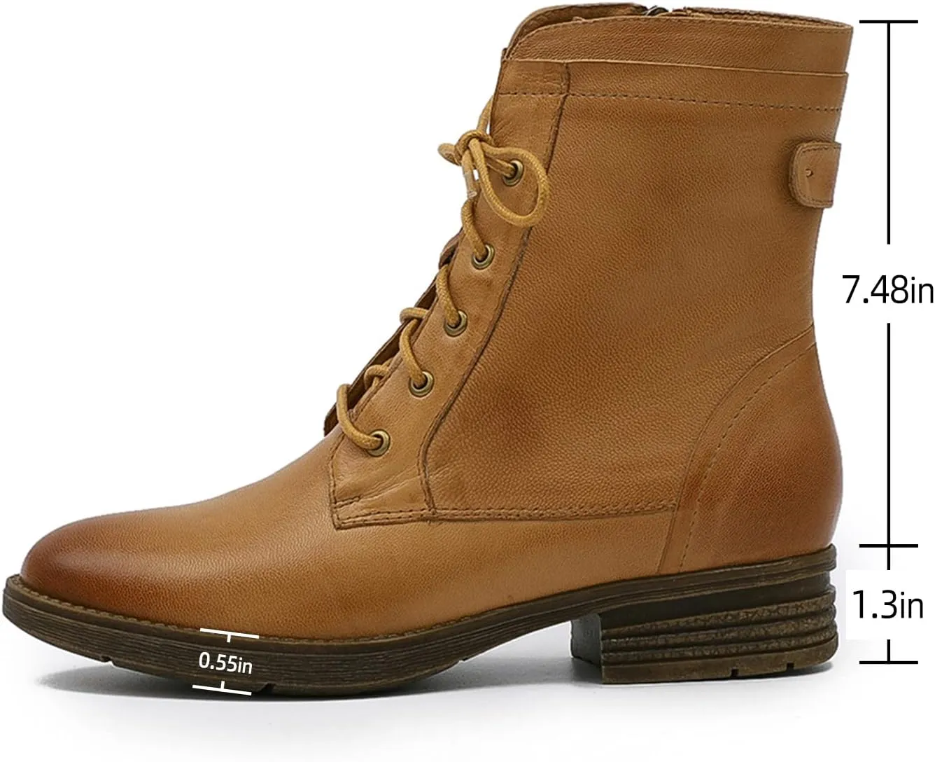 Mona flying Women's Combat Boots Mid Calf Side Zipper Fashion Lace up Soft Leather Booties Low Heel