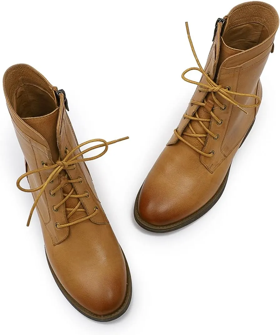 Mona flying Women's Combat Boots Mid Calf Side Zipper Fashion Lace up Soft Leather Booties Low Heel