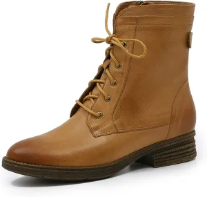 Mona flying Women's Combat Boots Mid Calf Side Zipper Fashion Lace up Soft Leather Booties Low Heel