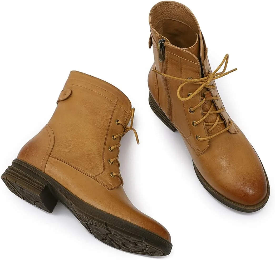 Mona flying Women's Combat Boots Mid Calf Side Zipper Fashion Lace up Soft Leather Booties Low Heel