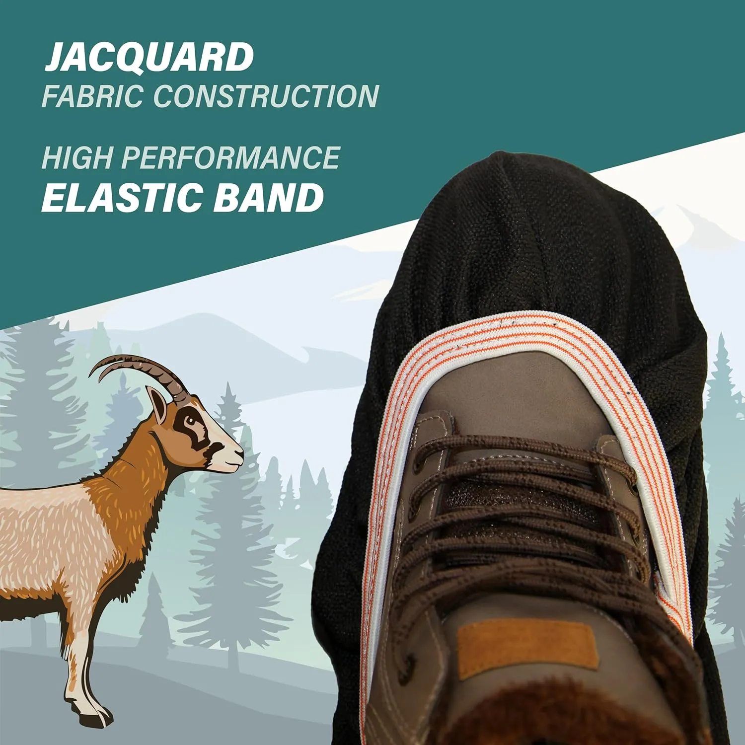 Mountain Goat Approved Shoe Socks - Snow & Ice Traction; Alt for Chains, Cleats, Crampons, Spikes, Grips, Grippers; Anti-Slip for Shoes & Boots, Jacquard Fabric, Elastic, Easy Slip-On (1 Pair)