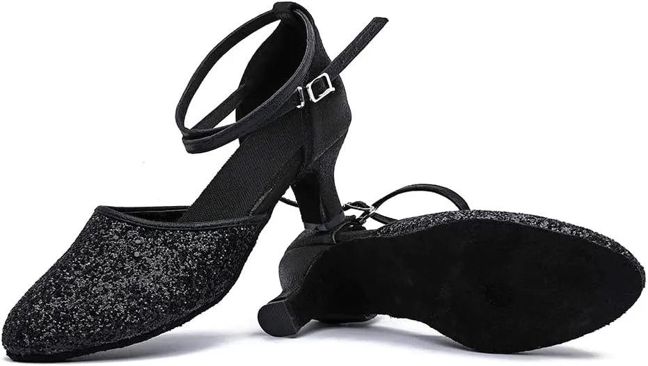 MSMAX Womens Latin Dance Shoe Mid Heel Glitter Party Dancing Sandals