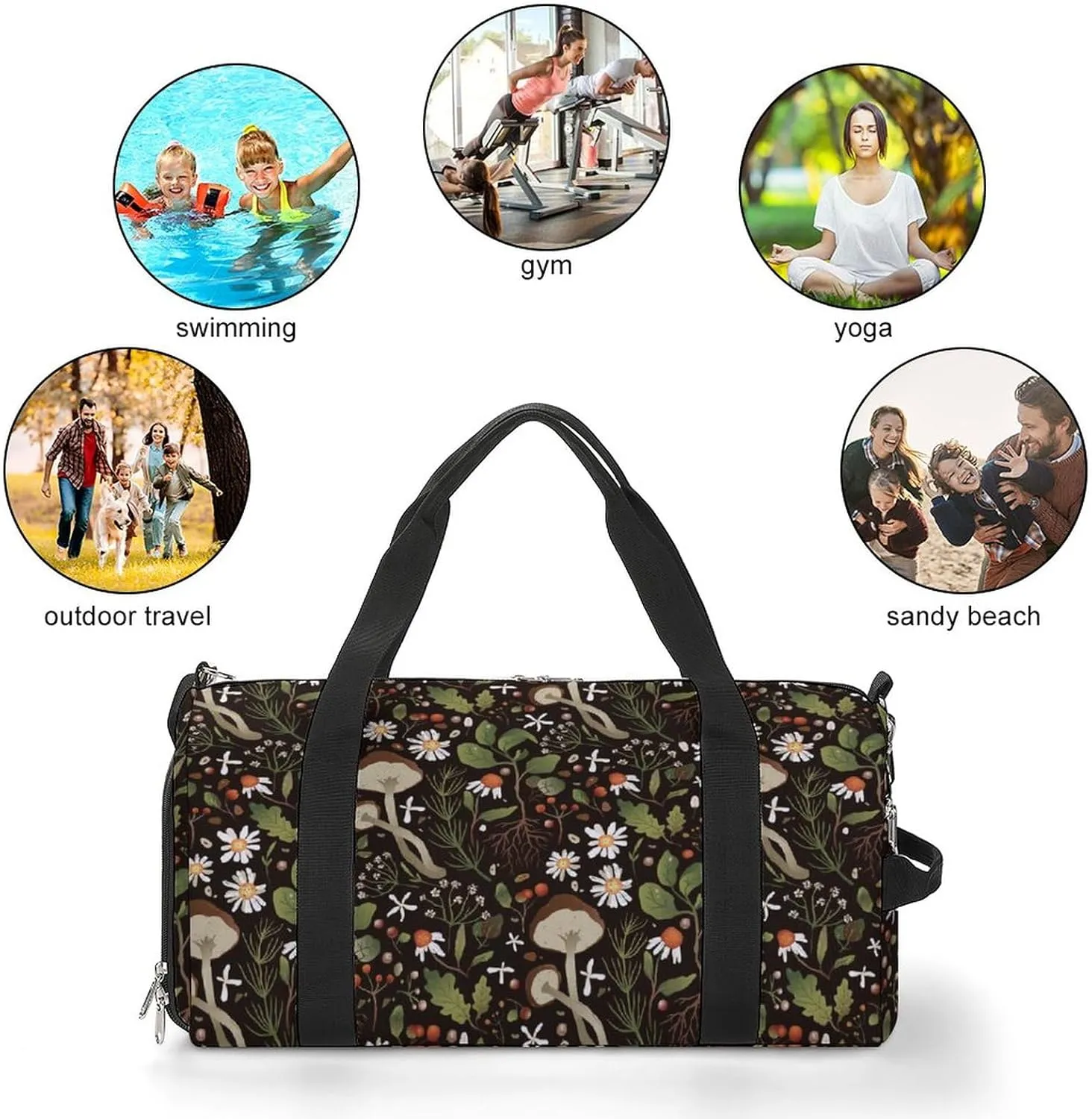 Mushroom Pattern Sports Tote Gym Bag for Women Men, Overnight Bag with Shoe Compartment Water Resistant