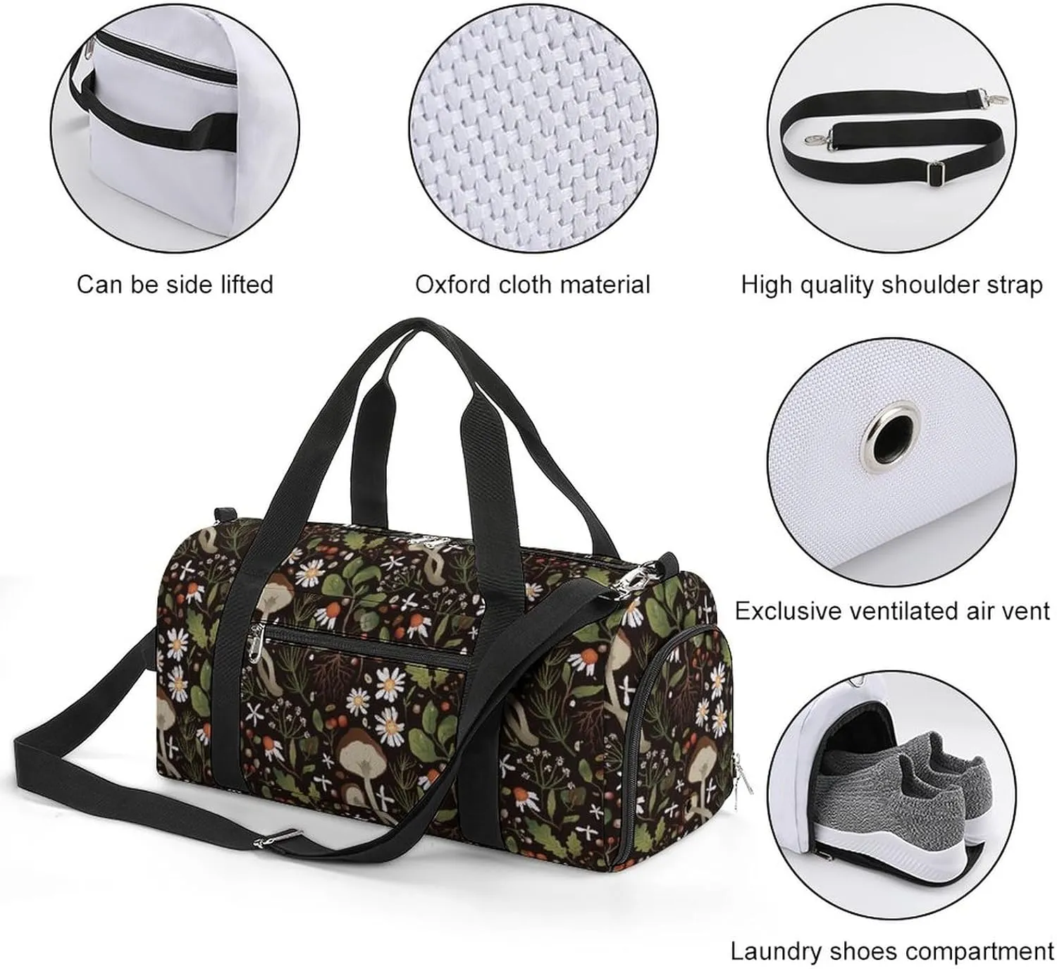 Mushroom Pattern Sports Tote Gym Bag for Women Men, Overnight Bag with Shoe Compartment Water Resistant