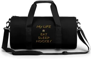 My Life is Eat Sleep Hockey Gym Bag for Men Women Cylindrical Gym Duffle Bags Travel Sports Carryon Gymbag 17.7in/9in/9in