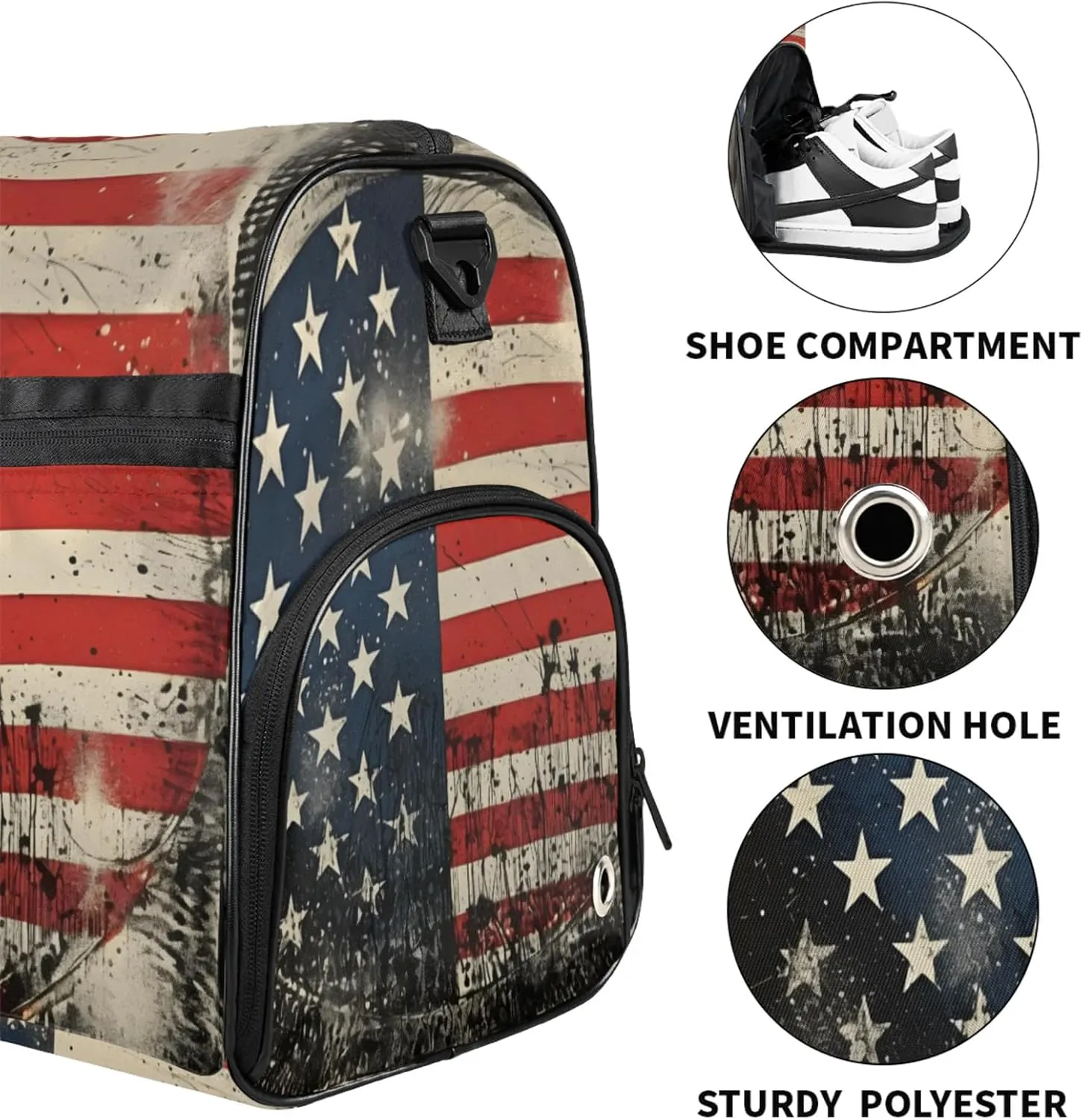 National Flag Pattern 43L Gym Duffle Bag for men with Shoe Compartment, Star Overnight Weekender Bag for Women with Shoulder Strap, Ideal for Travel, Gym, Sports