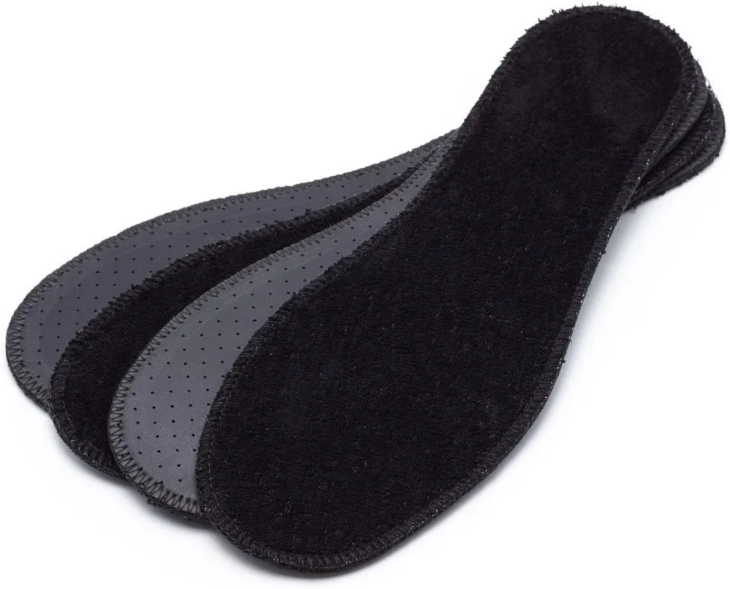 Natural Summer Black Terry Cloth Insoles, Soft, Flexible, Fresh Barefoot Terry Cotton Shoe Insoles (2 Pairs, 8 Women US)