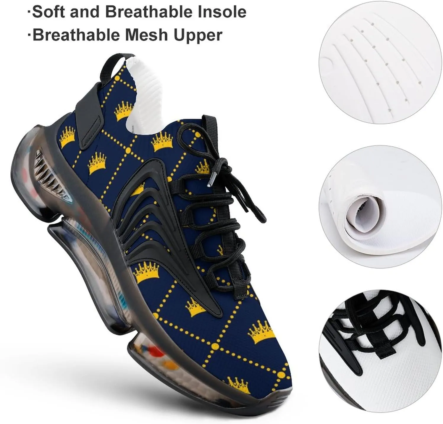 Navy Blue Pattern Yellow Crown Running Shoes Low Top Basketball Shoes for Men Tennis Sport Fitness Cross Trainers Walking Casual Hiking