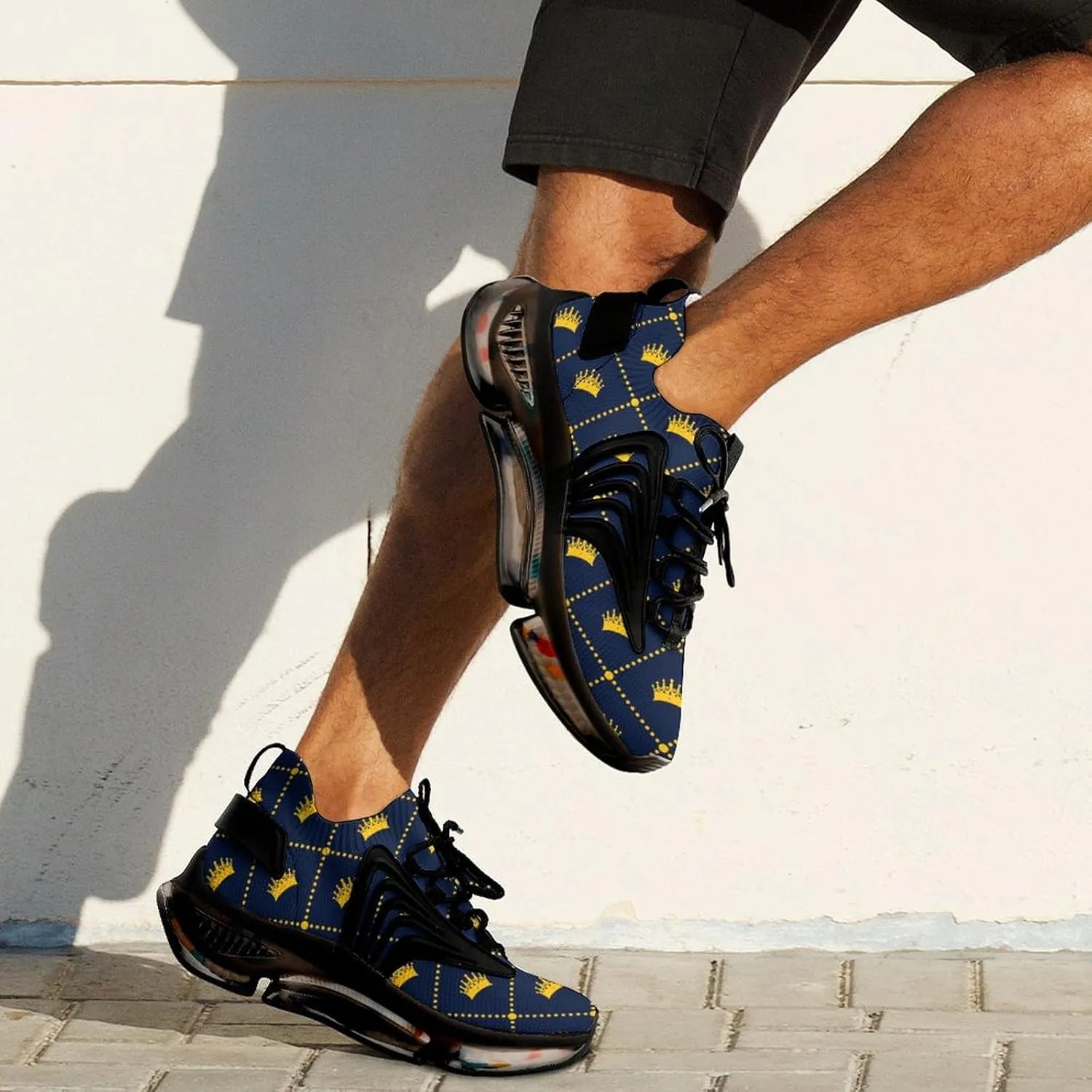 Navy Blue Pattern Yellow Crown Running Shoes Low Top Basketball Shoes for Men Tennis Sport Fitness Cross Trainers Walking Casual Hiking
