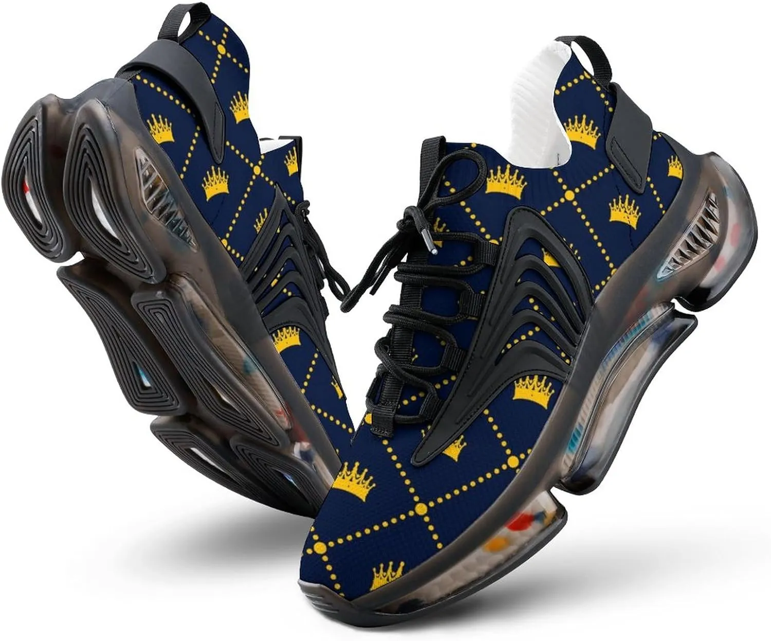 Navy Blue Pattern Yellow Crown Running Shoes Low Top Basketball Shoes for Men Tennis Sport Fitness Cross Trainers Walking Casual Hiking