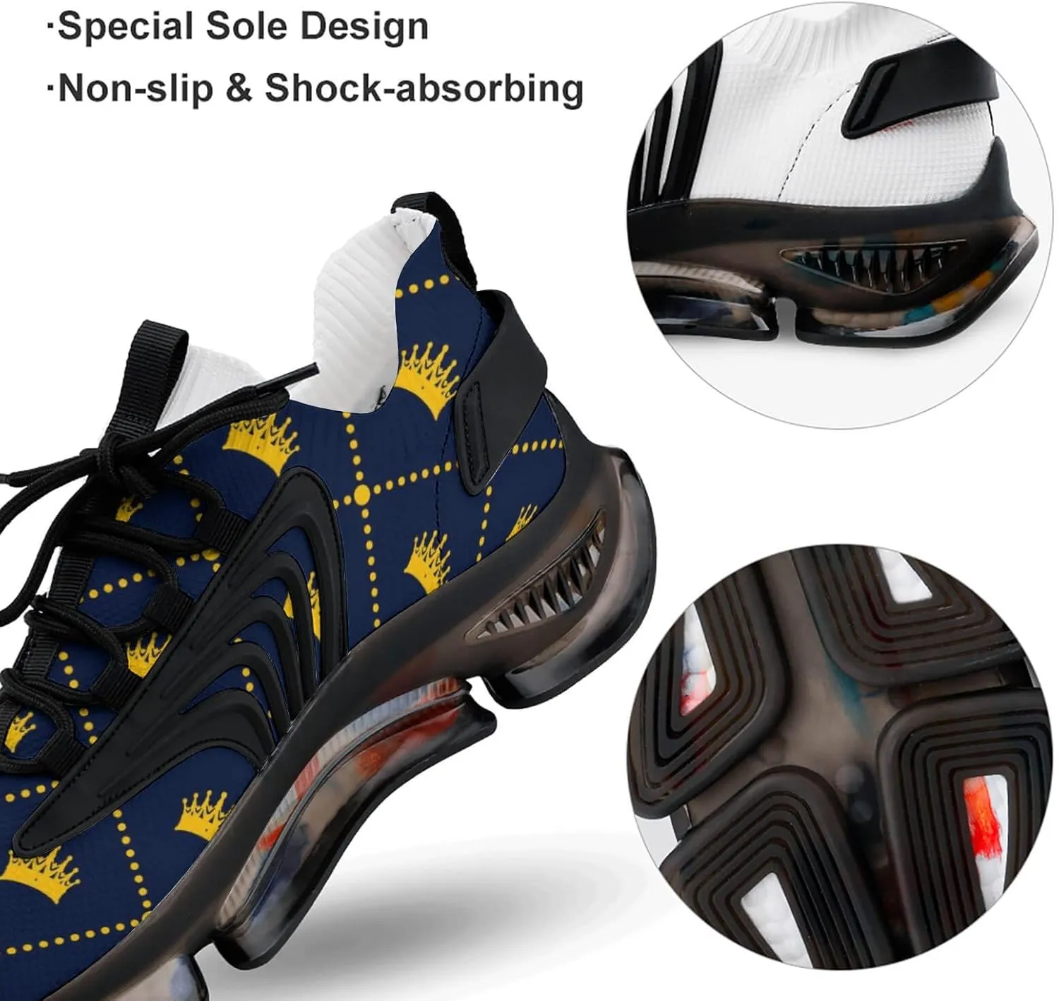 Navy Blue Pattern Yellow Crown Running Shoes Low Top Basketball Shoes for Men Tennis Sport Fitness Cross Trainers Walking Casual Hiking
