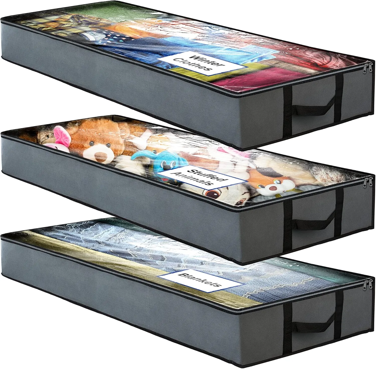NeatNestly SmartCube Under Bed Storage Bags - 3 Pack Large 39" x 18" x 6" Gray Containers with Reinforced Handles, Foldable Underbed Storage Organizer for Clothing, Blankets & Shoes