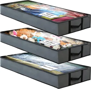 NeatNestly SmartCube Under Bed Storage Bags - 3 Pack Large 39" x 18" x 6" Gray Containers with Reinforced Handles, Foldable Underbed Storage Organizer for Clothing, Blankets & Shoes