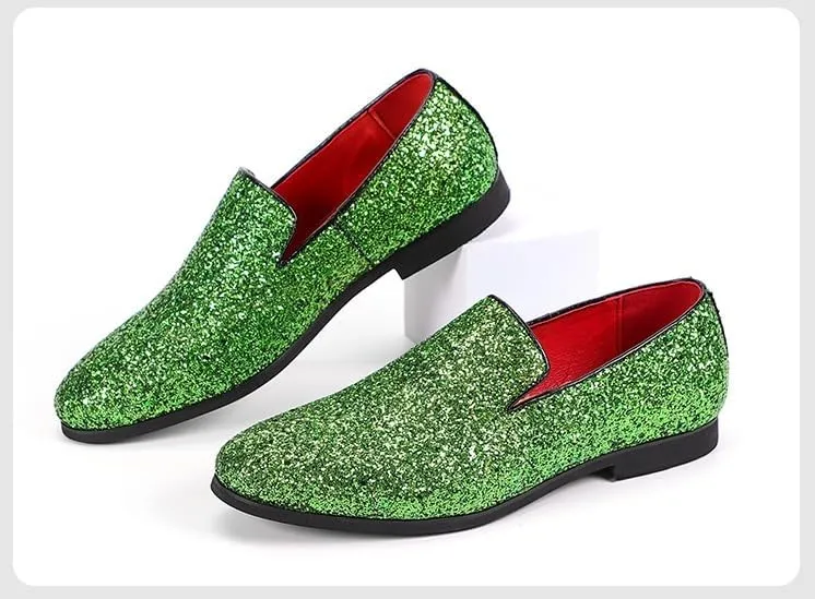 New Mens Loafers Shoe Pointed Toe Shiny PU Leather Smoking Shoes Slip Resistant Flat Heel Flexible Fashion Slip-on