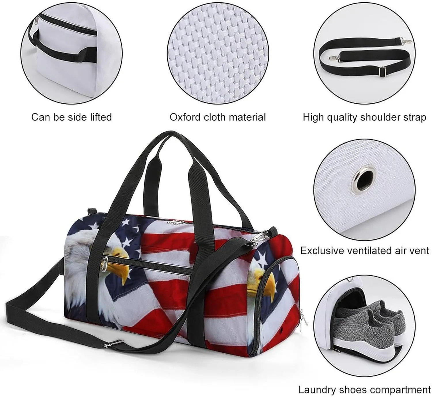 North US Bald Eagle with Flag Gym Bag-Workout Organizer with Water Resistant Compartments for Gym Lovers, style-16-4