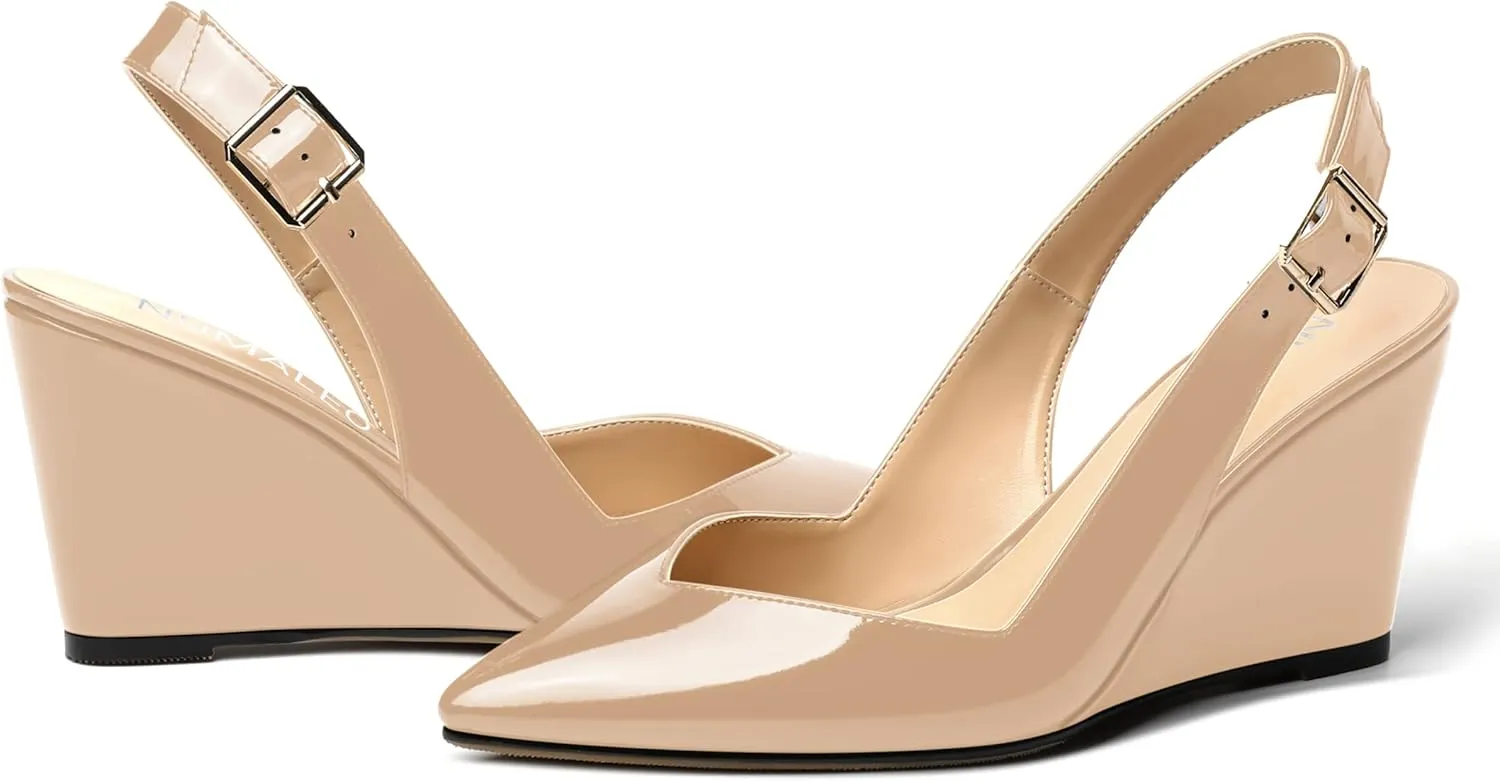 NUMALEO Womens Ankle Strap Bridal Buckle Pointed Toe Dress Patent Wedge High Heel Pumps Shoes 3.3 Inch