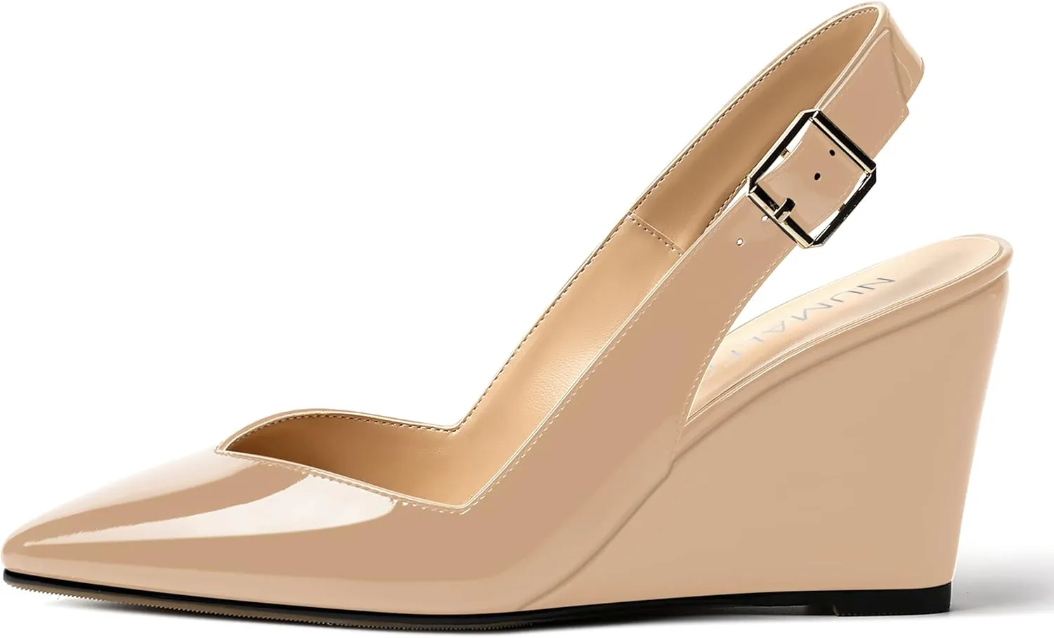 NUMALEO Womens Ankle Strap Bridal Buckle Pointed Toe Dress Patent Wedge High Heel Pumps Shoes 3.3 Inch