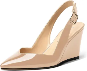NUMALEO Womens Ankle Strap Bridal Buckle Pointed Toe Dress Patent Wedge High Heel Pumps Shoes 3.3 Inch