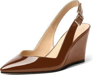 NUMALEO Womens Ankle Strap Bridal Buckle Pointed Toe Dress Patent Wedge High Heel Pumps Shoes 3.3 Inch