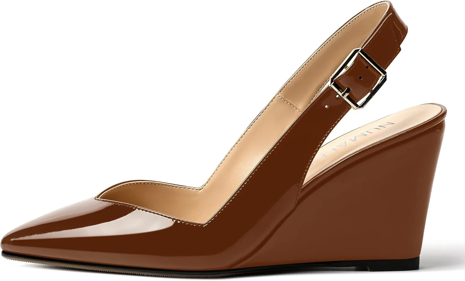 NUMALEO Womens Ankle Strap Bridal Buckle Pointed Toe Dress Patent Wedge High Heel Pumps Shoes 3.3 Inch