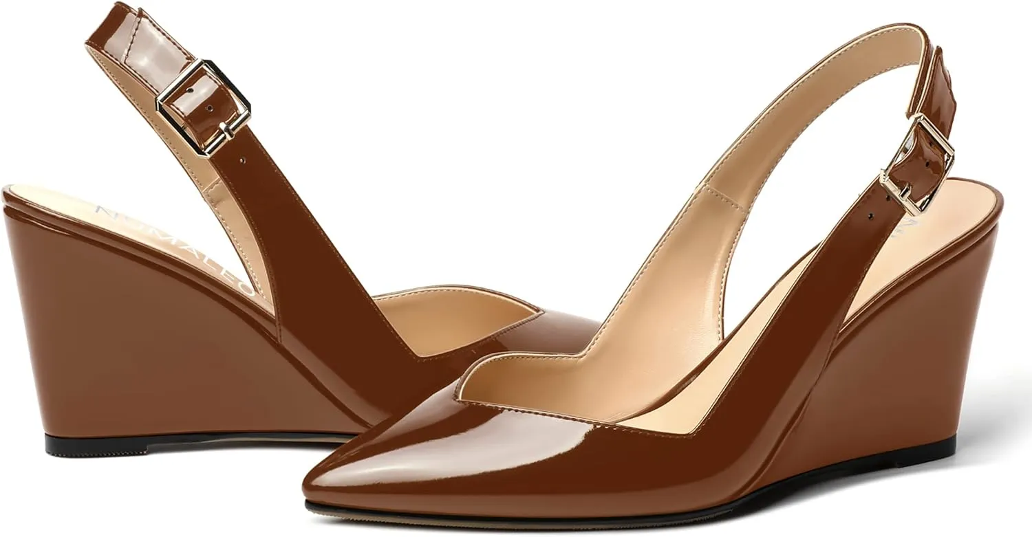 NUMALEO Womens Ankle Strap Bridal Buckle Pointed Toe Dress Patent Wedge High Heel Pumps Shoes 3.3 Inch