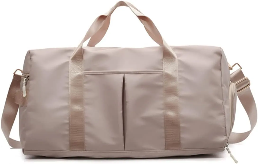 Nylon Travel Duffel Bag Sport Duffel Bag Weekend Shoulder Bag Women/Men Large Gym Tote Bag Ultra-Light Overnight Bag Carry On Luggage Hospital Bag with Shoes Compartment and Wet Pocket Khaki