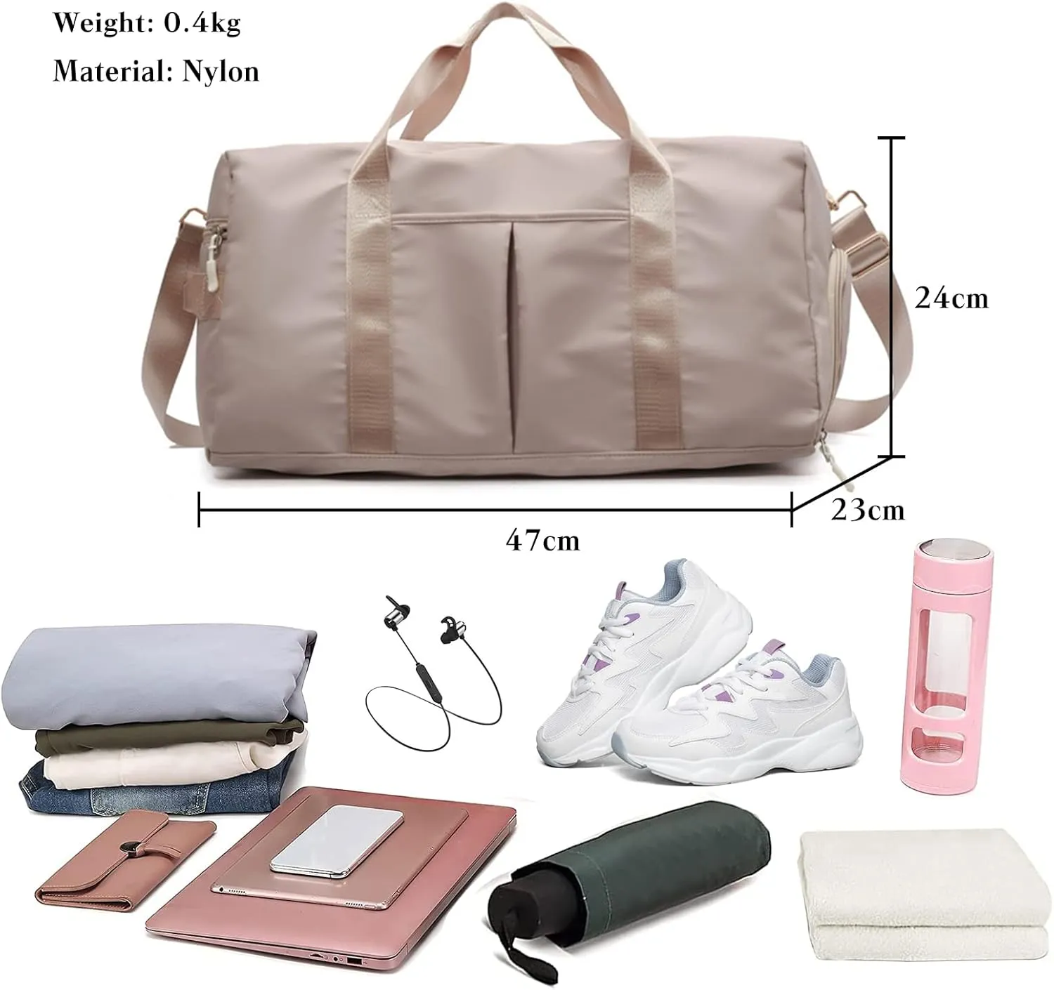 Nylon Travel Duffel Bag Sport Duffel Bag Weekend Shoulder Bag Women/Men Large Gym Tote Bag Ultra-Light Overnight Bag Carry On Luggage Hospital Bag with Shoes Compartment and Wet Pocket Khaki