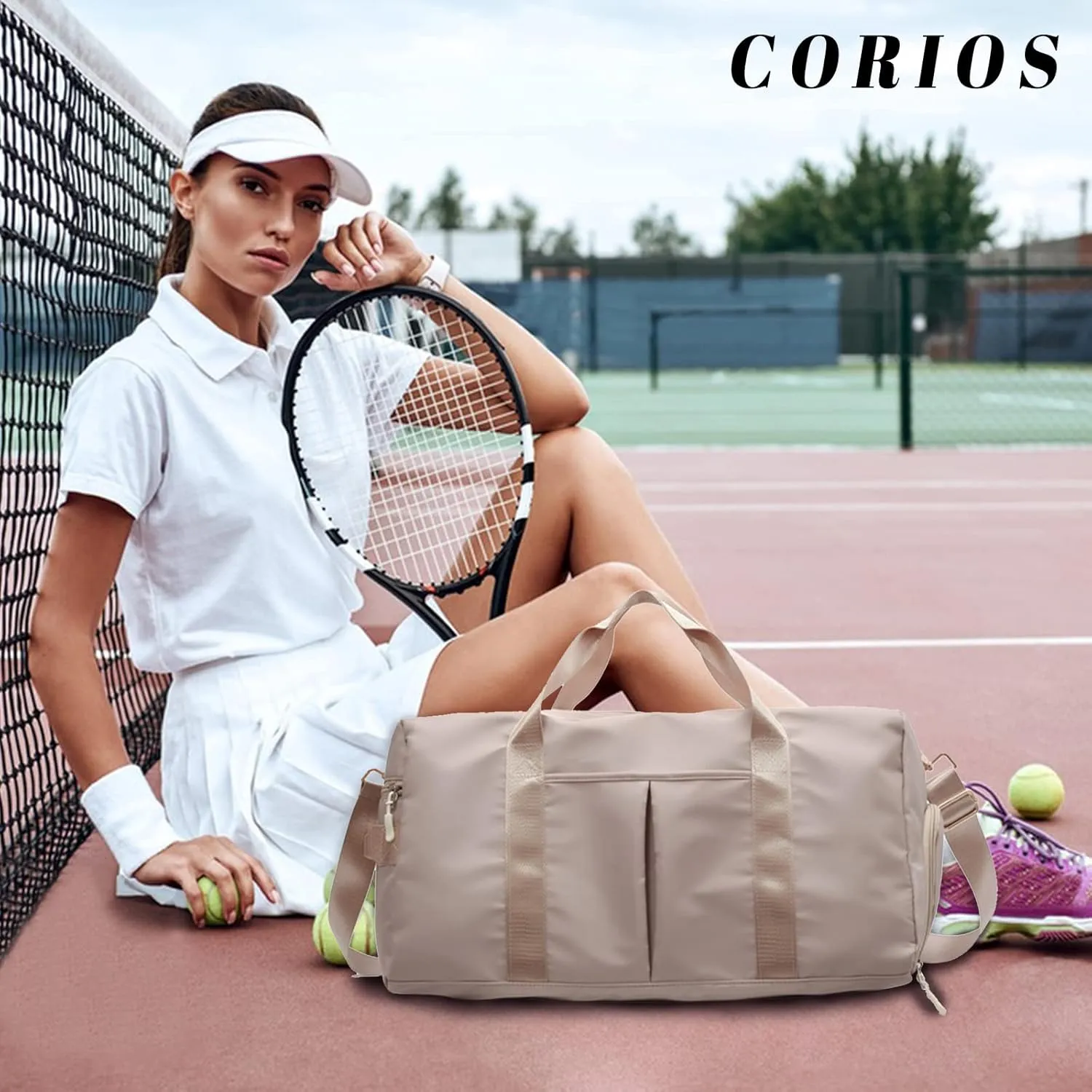 Nylon Travel Duffel Bag Sport Duffel Bag Weekend Shoulder Bag Women/Men Large Gym Tote Bag Ultra-Light Overnight Bag Carry On Luggage Hospital Bag with Shoes Compartment and Wet Pocket Khaki