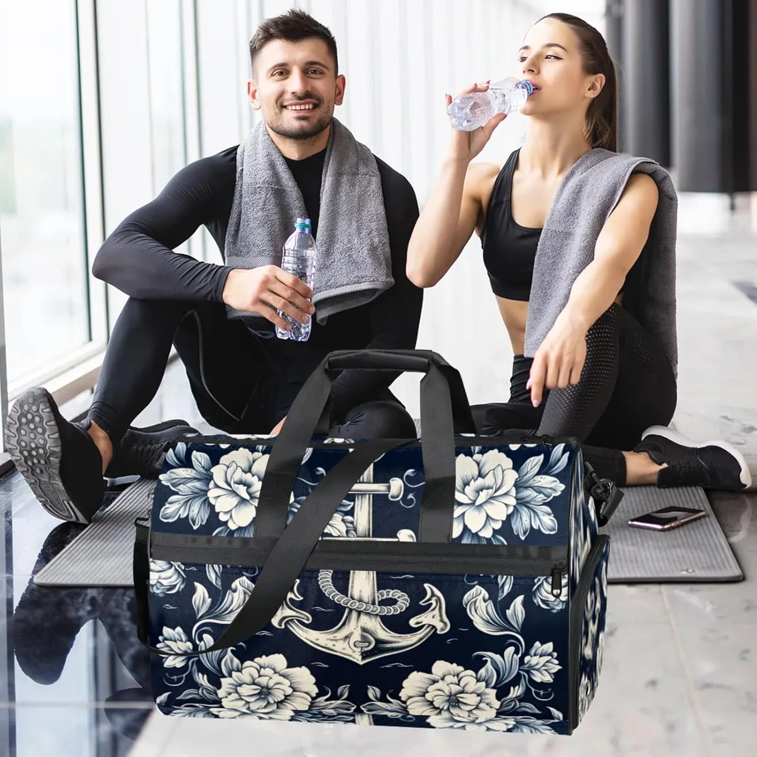 Ocean Gym Duffle Bag for Women,Waterproof Sports Anchor Pattern Duffle Bags Travel Weekender Bags for Men Women Overnight Bag with Shoes Compartment
