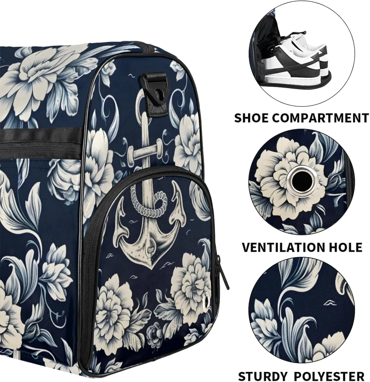 Ocean Gym Duffle Bag for Women,Waterproof Sports Anchor Pattern Duffle Bags Travel Weekender Bags for Men Women Overnight Bag with Shoes Compartment