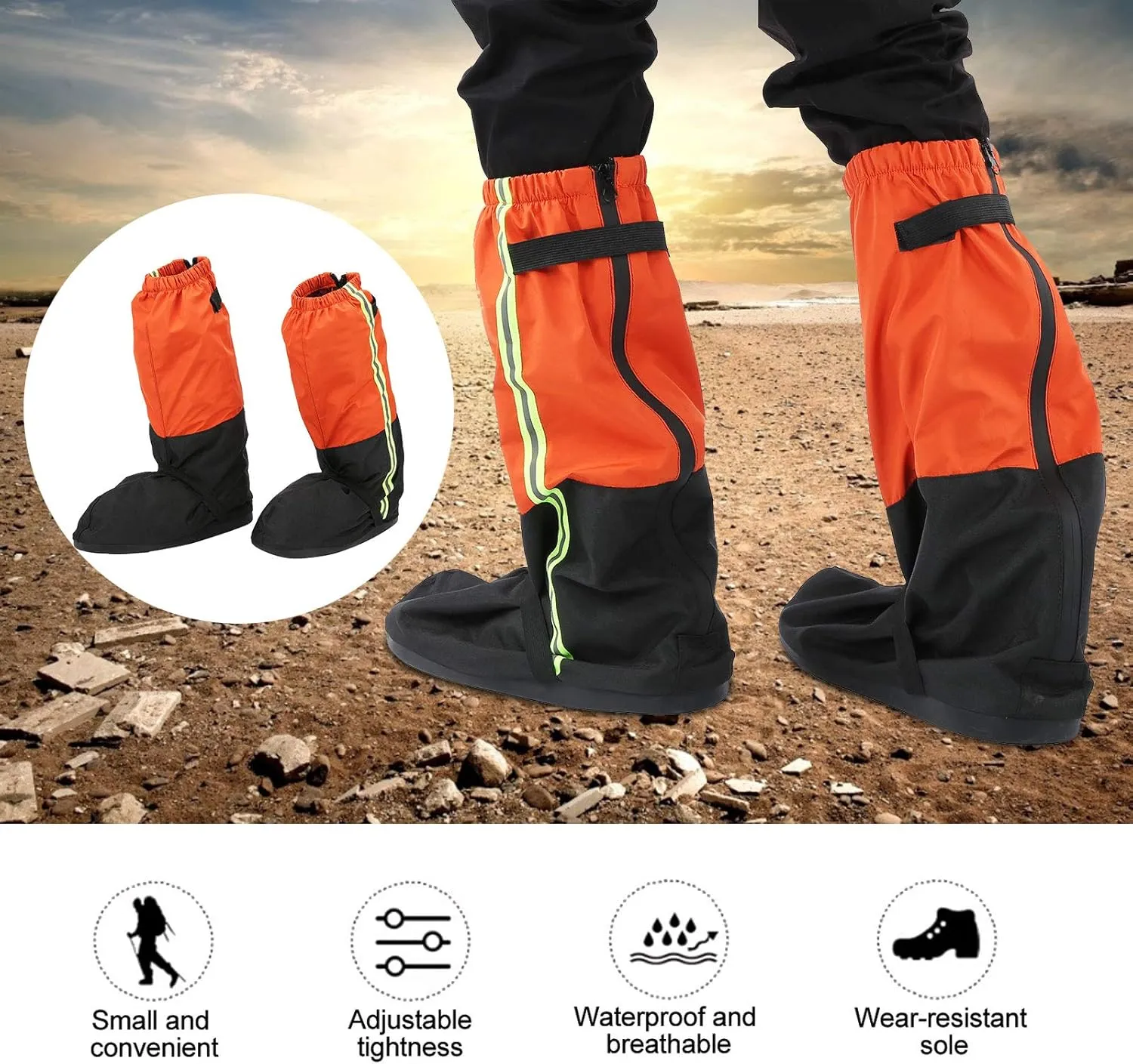 Outdoor Tube All Wrap Sandproof Shoe Covers for Hiking with Sole Texture and Night Reflective Band, Includes Net for Storage