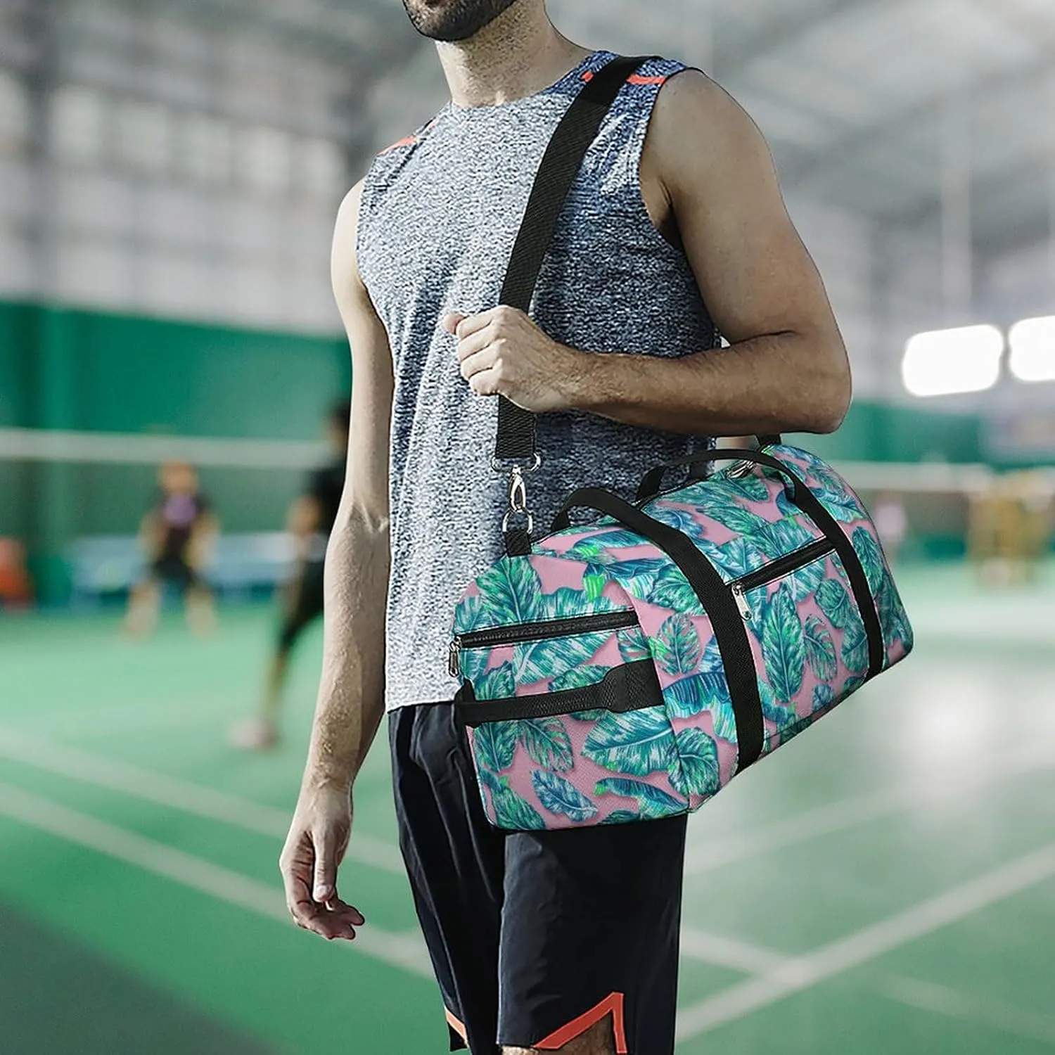 Palm Leaf Sport Gym Duffle Travel Bag with Shoe Compartment,Wet Pocket for Men and Women