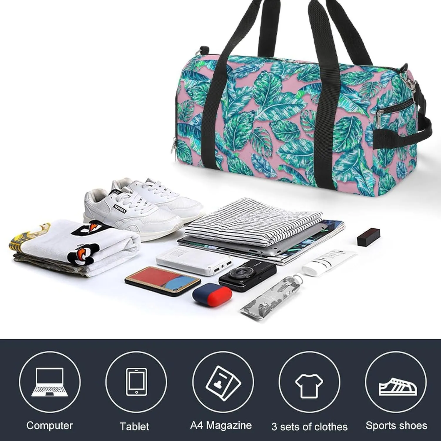 Palm Leaf Sport Gym Duffle Travel Bag with Shoe Compartment,Wet Pocket for Men and Women