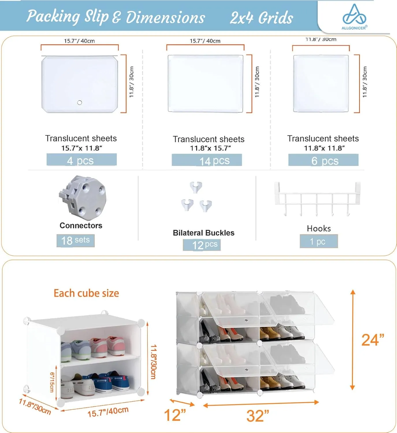 Patented Shoe Racks Organizers Shelves, Floor-Standing, Wall Hanging, Sturdy and extendable. Easy DIY Assembly, for Door Entrance, Closet, and Workplace (2x4Grid, Translucent)