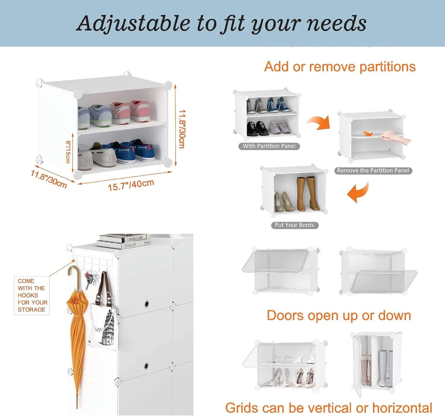 Patented Shoe Racks Organizers Shelves, Floor-Standing, Wall Hanging, Sturdy and extendable. Easy DIY Assembly, for Door Entrance, Closet, and Workplace (2x4Grid, Translucent)