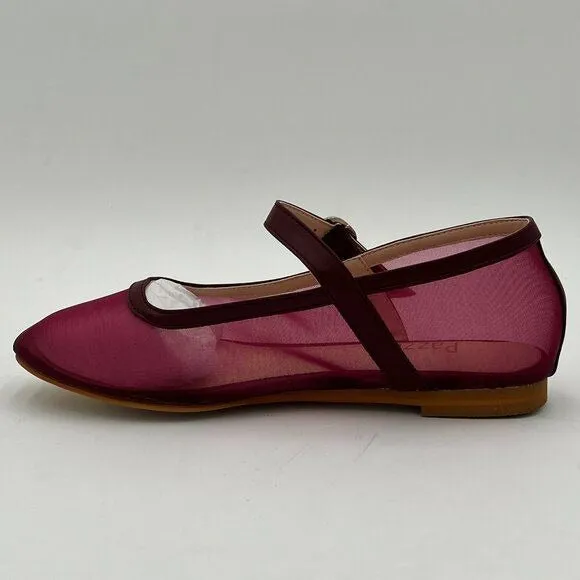Pazzion Burgundy Mesh Comfortable Squared Toe Mary Jane Easy Strap Buckled Flats