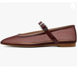 Pazzion Burgundy Mesh Comfortable Squared Toe Mary Jane Easy Strap Buckled Flats