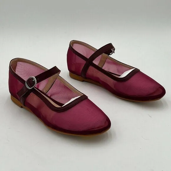 Pazzion Burgundy Mesh Comfortable Squared Toe Mary Jane Easy Strap Buckled Flats
