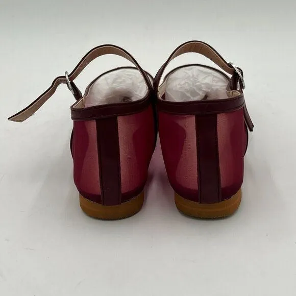 Pazzion Burgundy Mesh Comfortable Squared Toe Mary Jane Easy Strap Buckled Flats