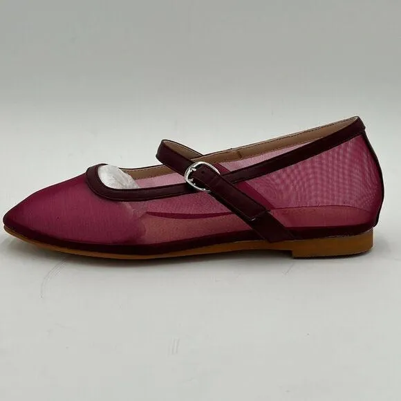 Pazzion Burgundy Mesh Comfortable Squared Toe Mary Jane Easy Strap Buckled Flats