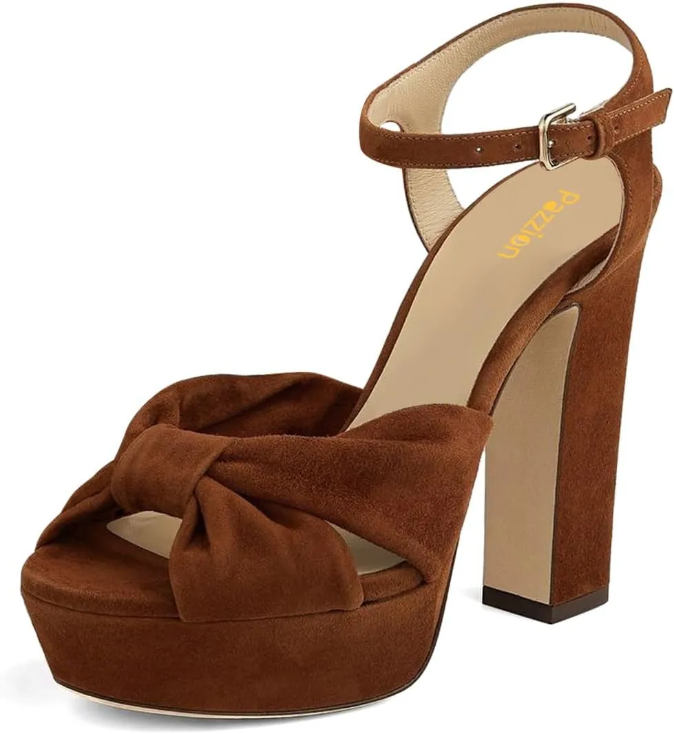 Pazzion Women Chunky Platform Open Toe High Heeled Sandals Soft Velvet Ankle Strap Buckle Bows Block Heel Pumps Cozy Wedding Prom Shoes Size 4-16 US
