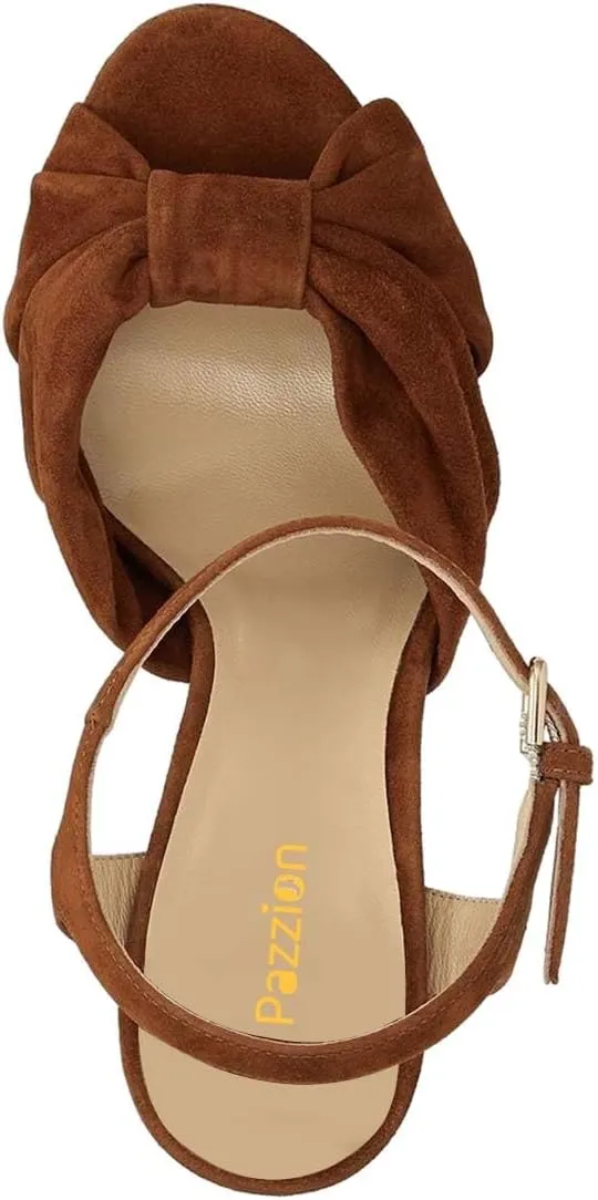 Pazzion Women Chunky Platform Open Toe High Heeled Sandals Soft Velvet Ankle Strap Buckle Bows Block Heel Pumps Cozy Wedding Prom Shoes Size 4-16 US
