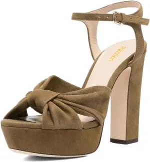 Pazzion Women Chunky Platform Open Toe High Heeled Sandals Soft Velvet Ankle Strap Buckle Bows Block Heel Pumps Cozy Wedding Prom Shoes Size 4-16 US