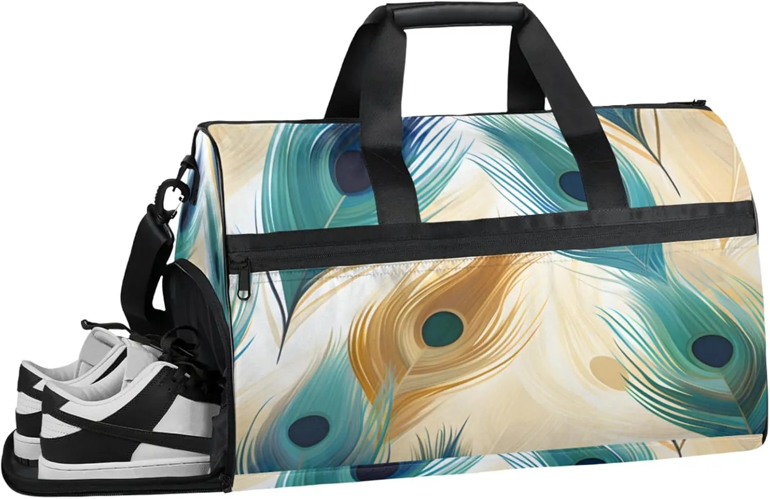 Peacock Gym Bags for Men Women, 43L Medium Sports Feather Pattern Travel Duffel Bag for Men with Shoe Compartment,Carry on Bags for Airplanes Women