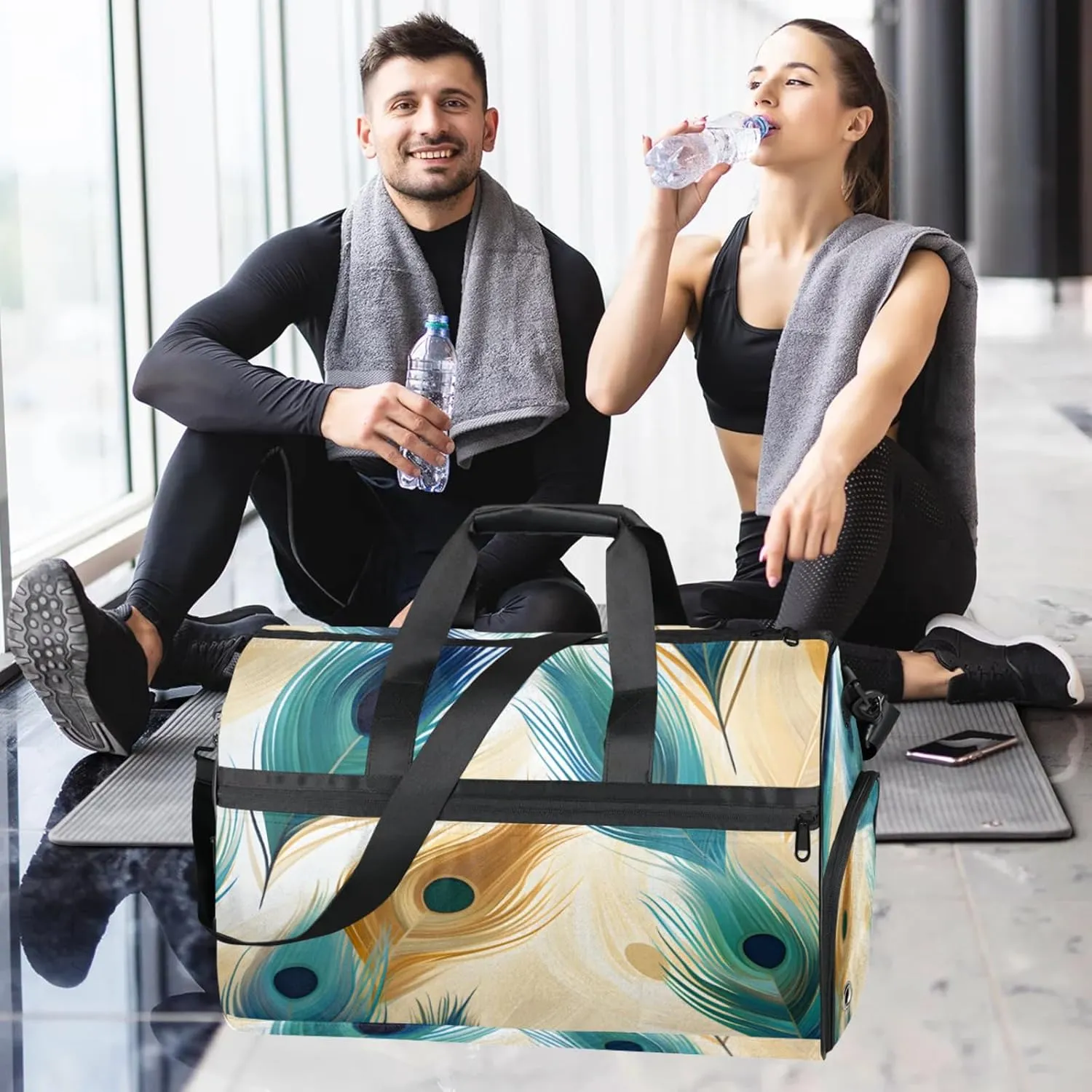 Peacock Gym Bags for Men Women, 43L Medium Sports Feather Pattern Travel Duffel Bag for Men with Shoe Compartment,Carry on Bags for Airplanes Women