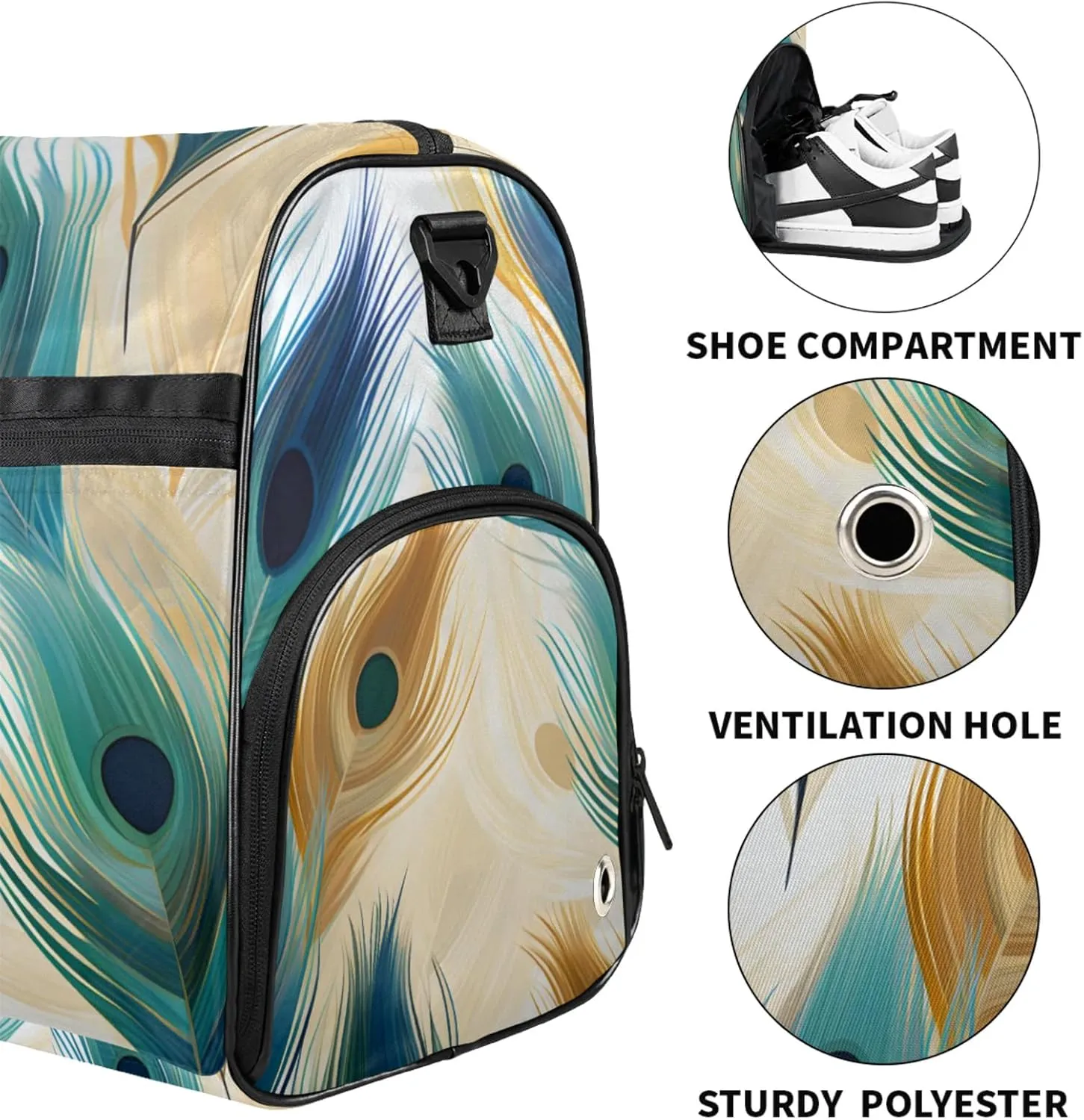 Peacock Gym Bags for Men Women, 43L Medium Sports Feather Pattern Travel Duffel Bag for Men with Shoe Compartment,Carry on Bags for Airplanes Women