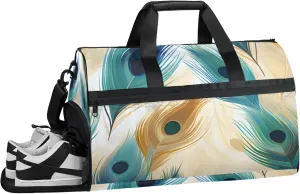 Peacock Gym Bags for Men Women, 43L Medium Sports Feather Pattern Travel Duffel Bag for Men with Shoe Compartment,Carry on Bags for Airplanes Women